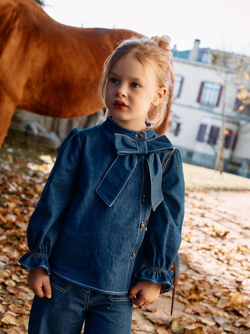 Elegant indigo blue blouse with bow