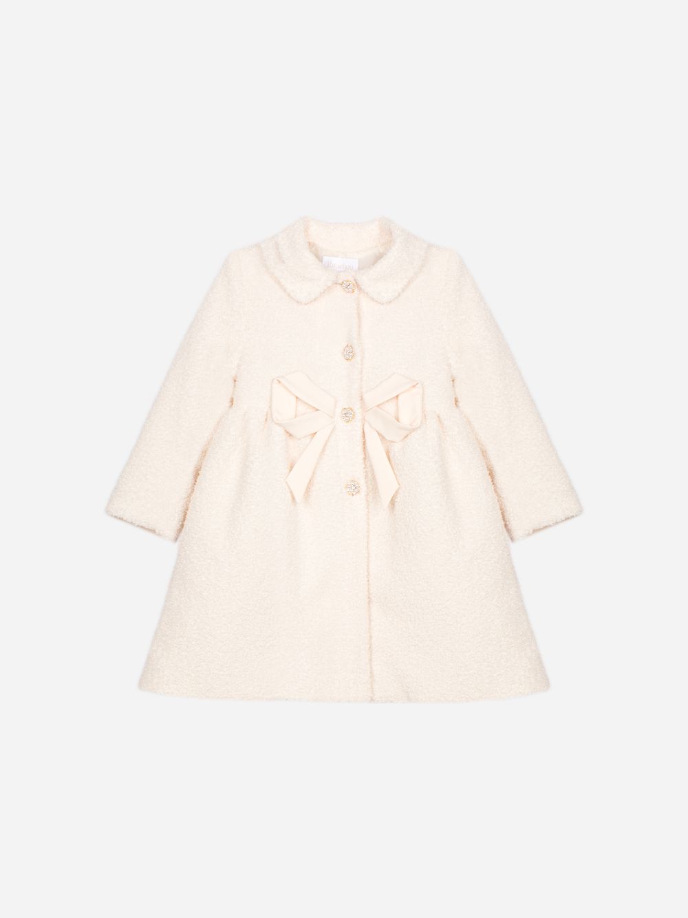 Beige bouclé coat with an elegant bow
