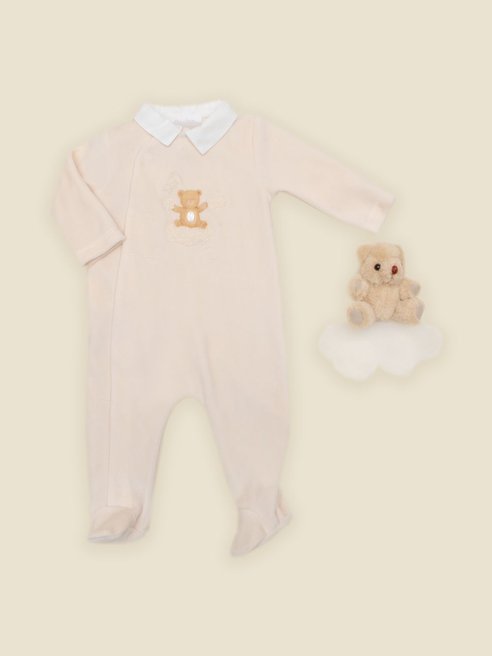Beige babygrow with front teddy bear print