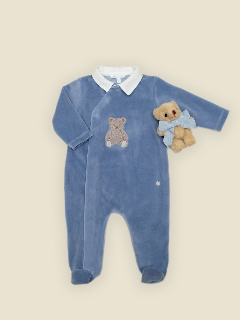 Indigo Blue babygrow with front teddy bear design
