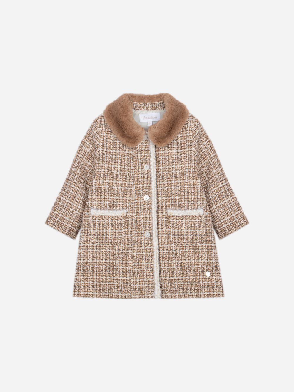 Elegant light brown coat with fur collar
