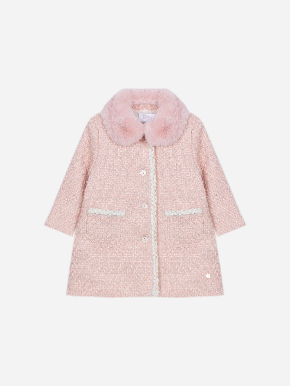 Elegant pale pink coat with fur collar