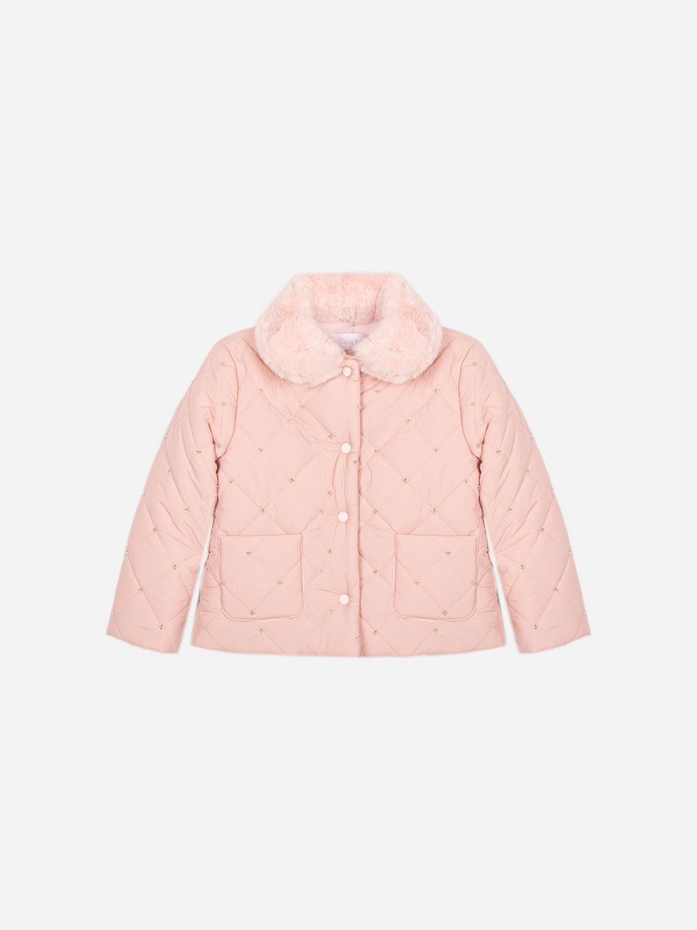Pale pink coat with a fur collar and elegant details