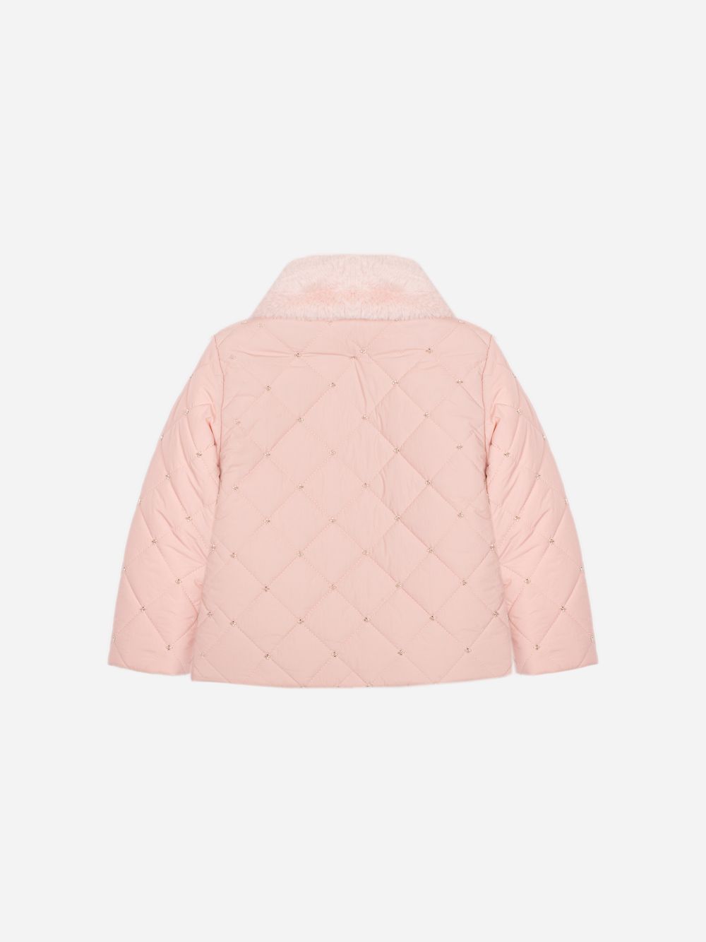 Pale pink coat with a fur collar and elegant details