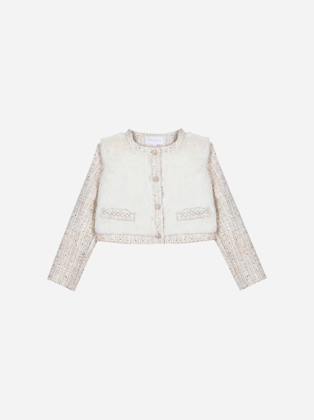 Golden coat in fur and sparkle tweed