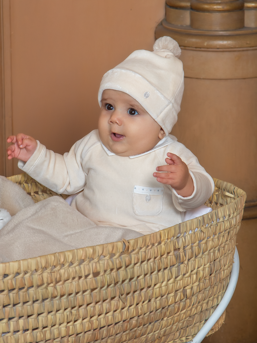 Beige velour beanie with pompom