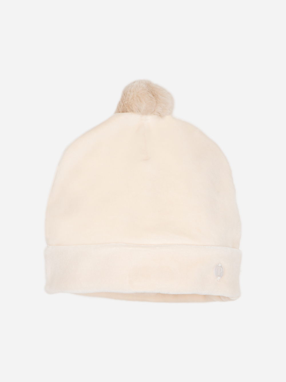 Beige velour beanie with pompom